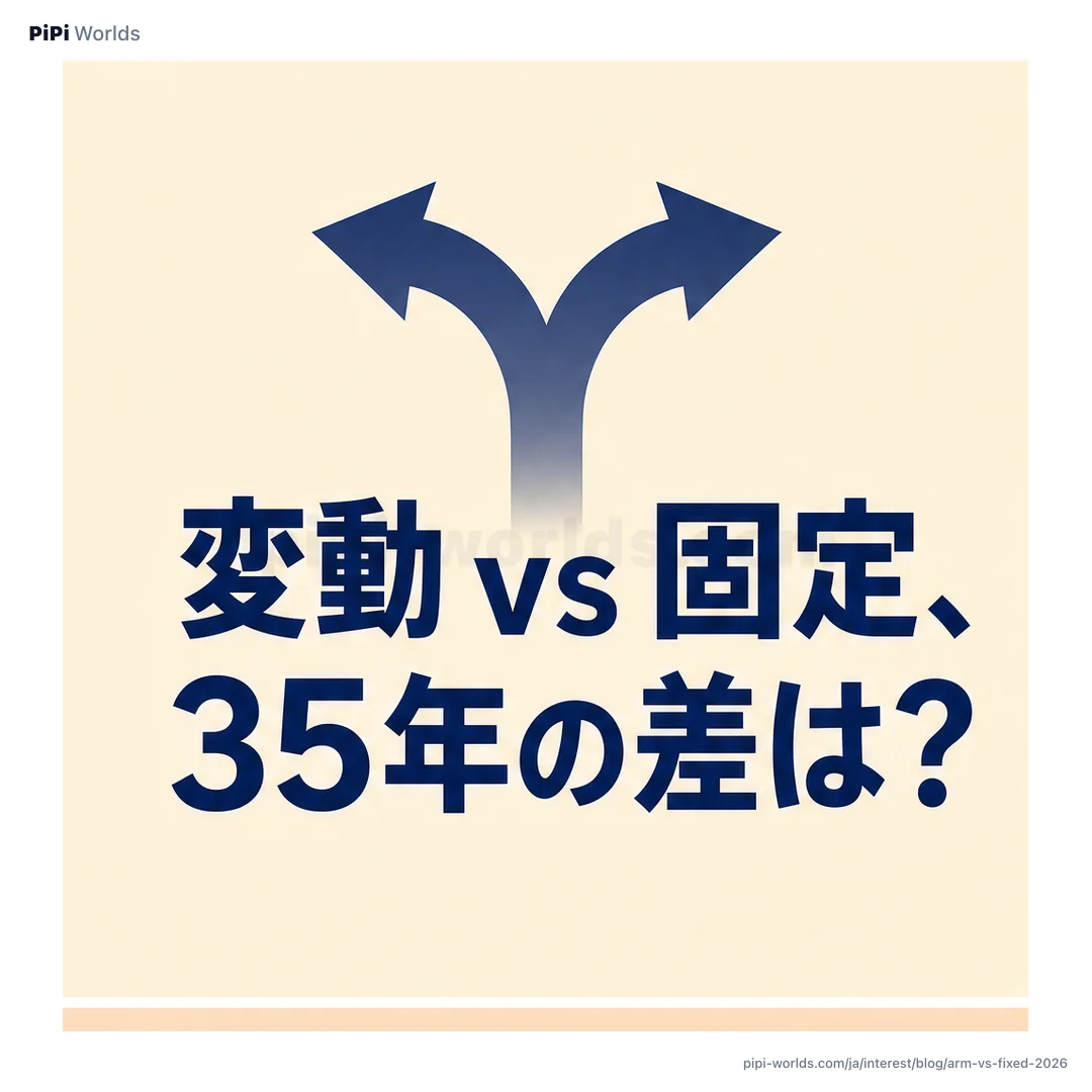 深い藍色とゴールドのグラデーション背景に PiPi マスコットと『変動 vs 全期間固定』が大きく配置された日本市場向けカード。