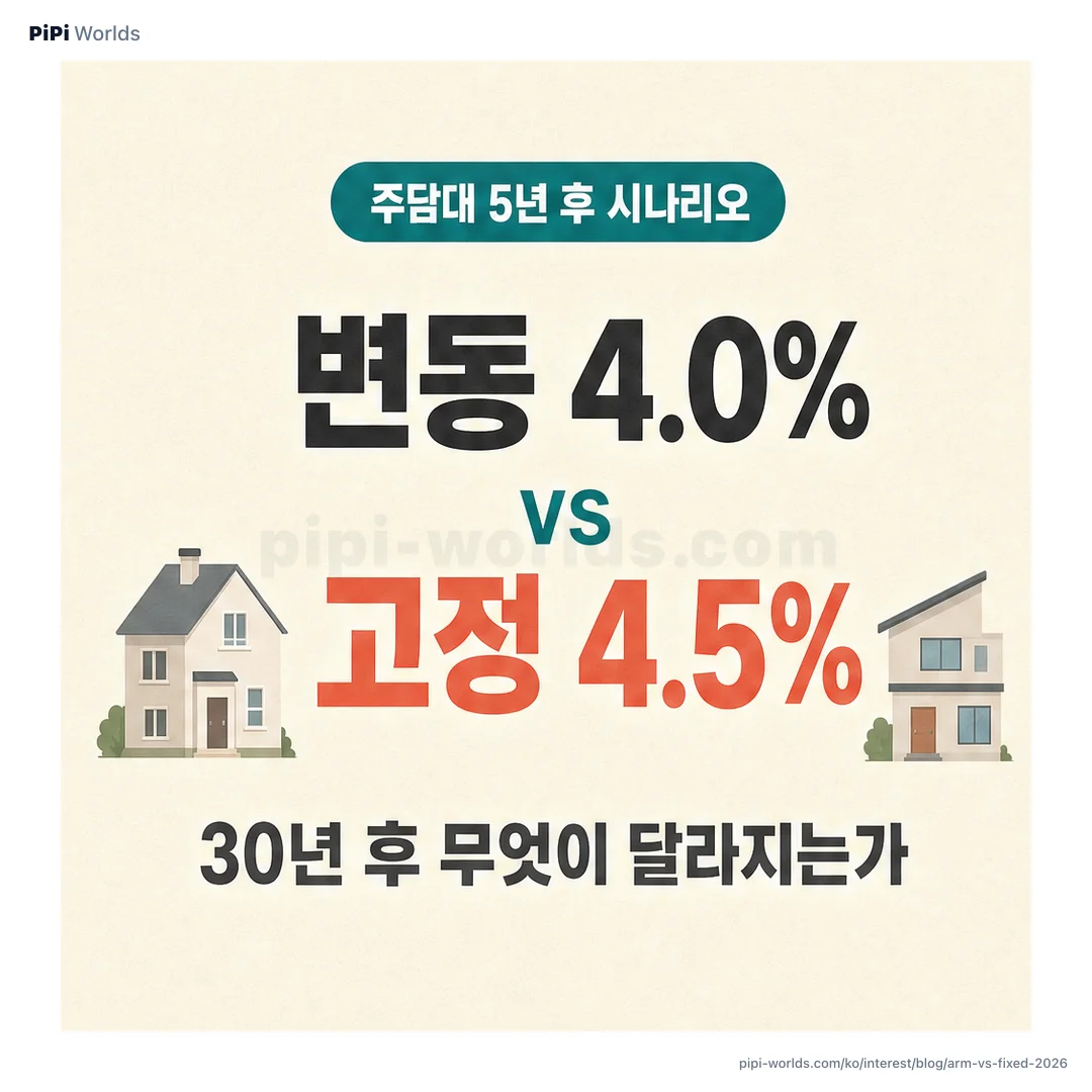 코랄·피치 그라디언트 배경 위에 PiPi 마스코트와 '변동 vs 고정' 큰 글자가 놓인 한국 시장용 카드.