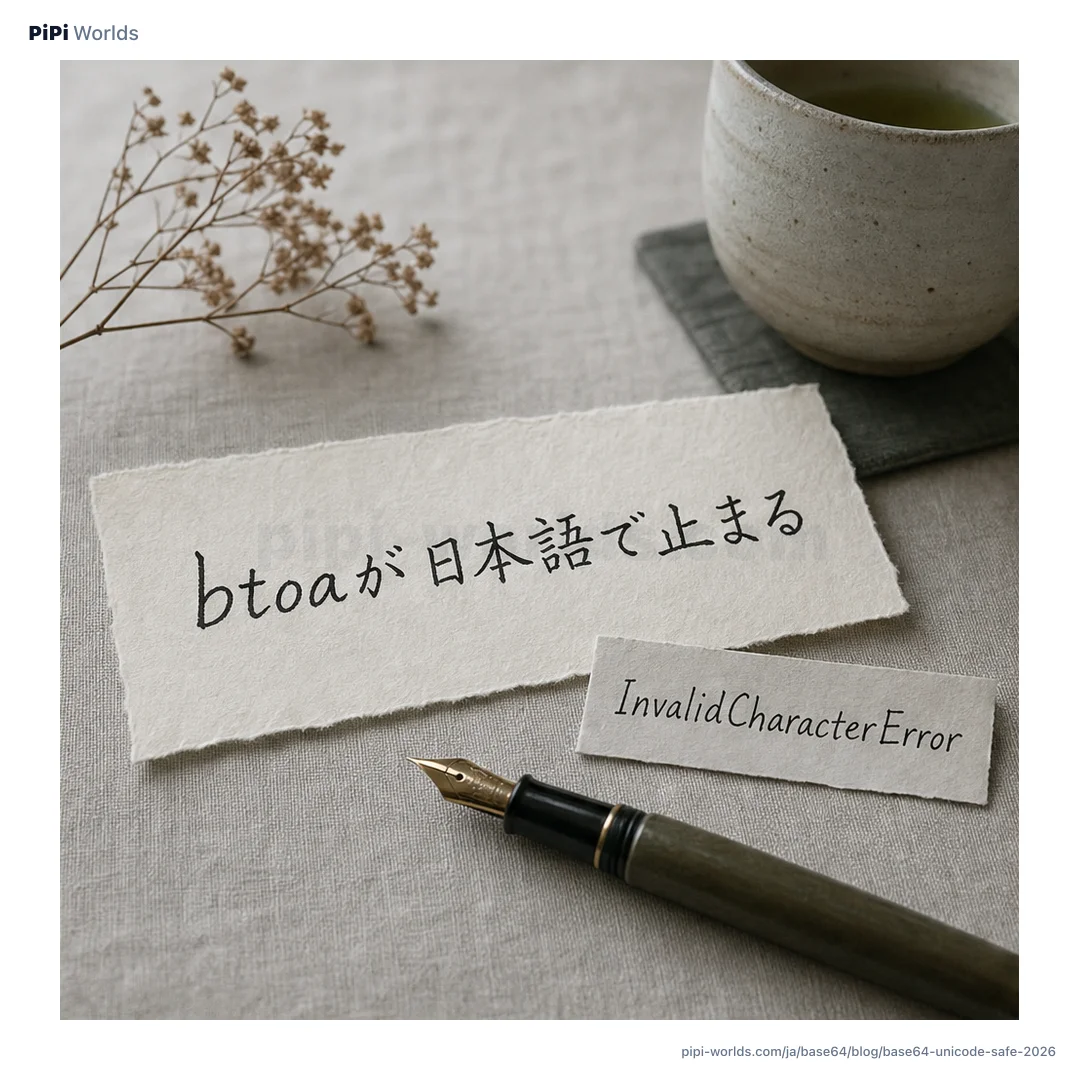 ミント色の背景に『Base64 文字化け』の大きな文字と btoa・UTF-8・URL-safe のカードが並ぶ開発者向けの表紙画像。
