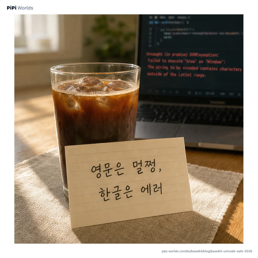 민트빛 배경 위에 'base64 한글 깨짐'이라는 큰 글자와 btoa·UTF-8·URL-safe 카드가 놓인 개발자용 표지 이미지.