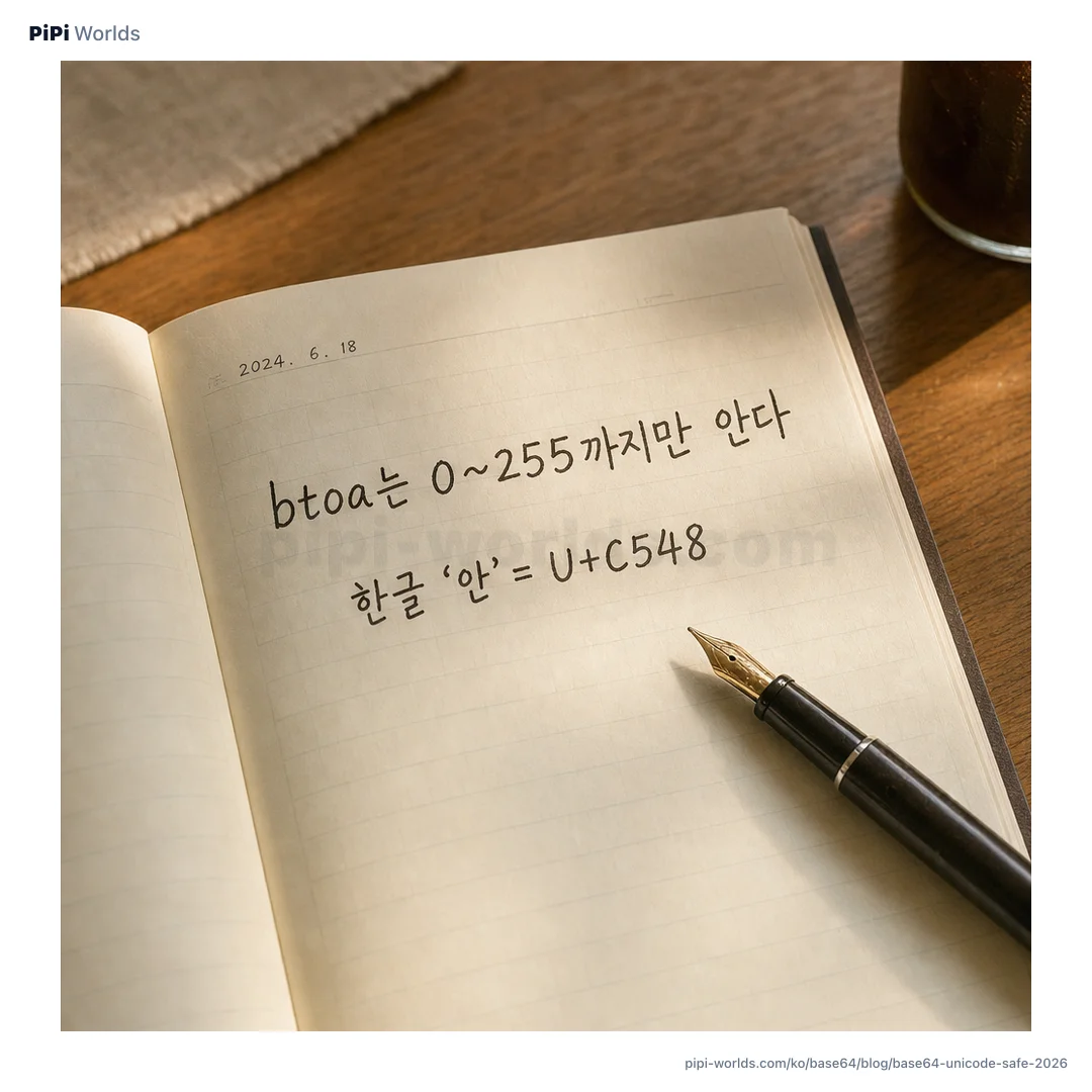AI 생성 개념 이미지: 노트에 btoa의 바이트 범위 0~255와 한글 안의 U+C548을 적었습니다. 실제 도구 화면이 아닙니다.