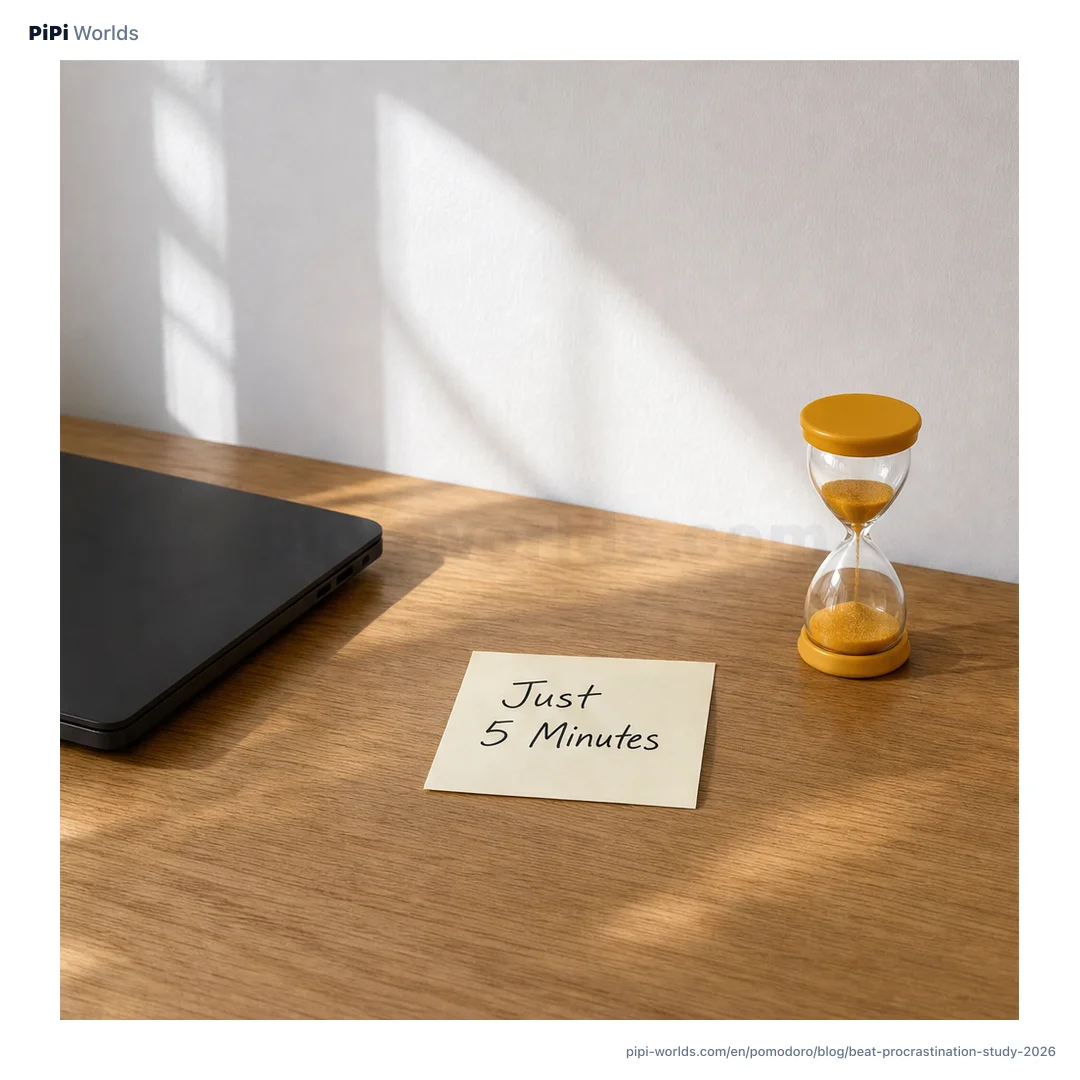 An indigo cover image showing the words 'Just 5 Minutes', a circular timer, and a small treasure-chest icon for beating study procrastination.