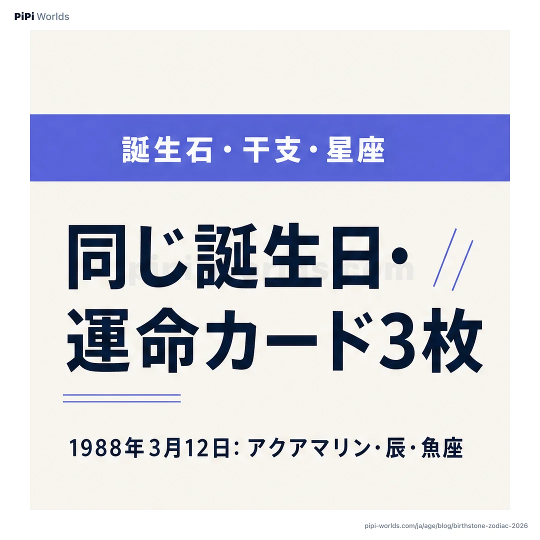 深い藍色とゴールドのグラデーション背景に PiPi マスコットと『誕生石·干支·星座』が大きく配置された日本市場向けカード。
