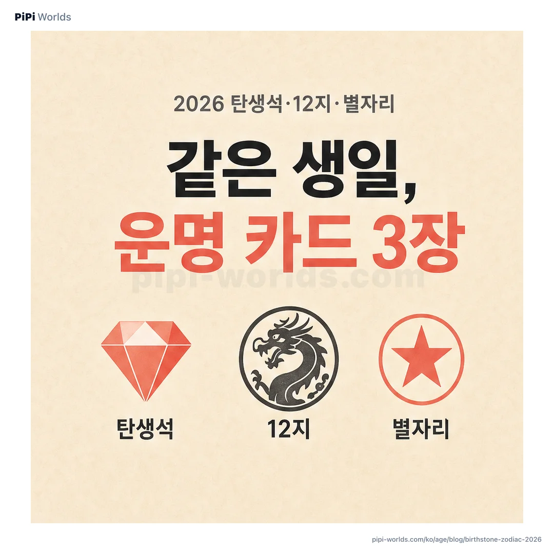 코랄·피치 그라디언트 배경 위에 PiPi 마스코트와 '탄생석·12지·별자리' 큰 글자가 놓인 한국 시장용 카드.