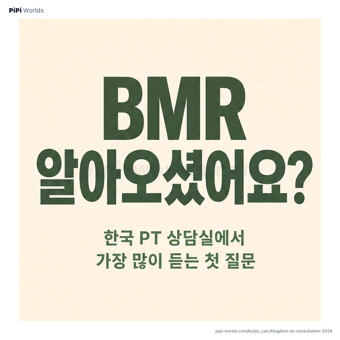 라벤더·세이지 그라디언트 위에 PiPi 마스코트와 'PT 상담 전 BMR' 제목이 박힌 한국 헬스장 시장용 카드.