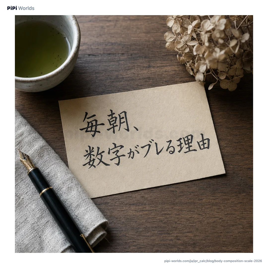 ミントとラベンダーのグラデーションにPiPiマスコットと「体組成計の精度」のタイトルが入った日本のヘルス読者向けカード。