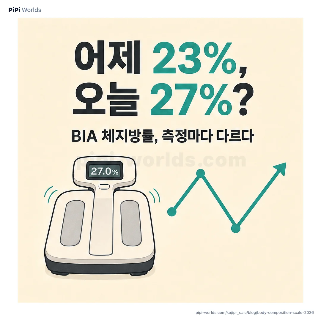 민트·라벤더 그라디언트 위에 PiPi 마스코트와 '체성분 측정 정확도' 제목이 박힌 한국 헬스 시장용 카드.