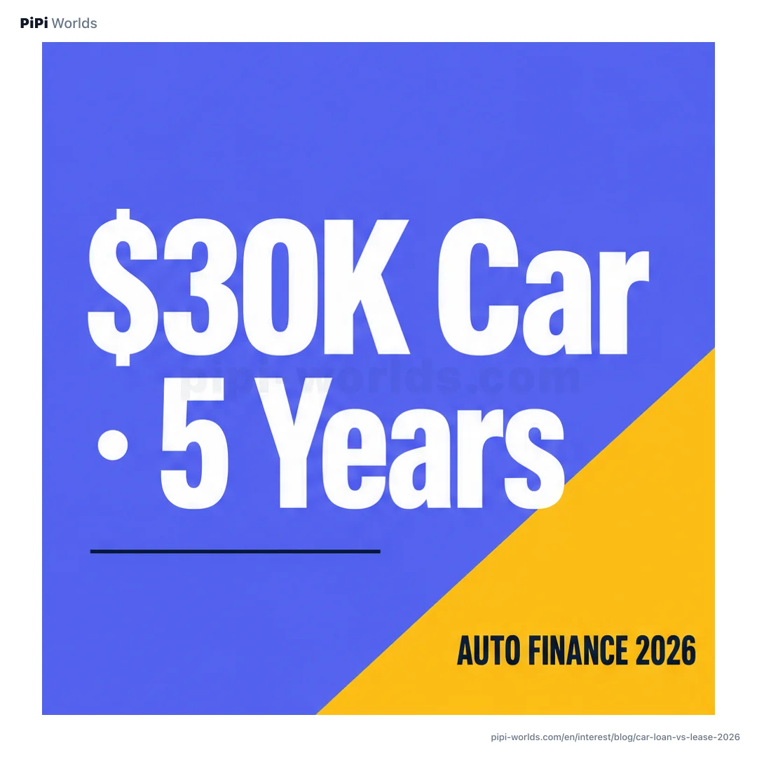 Mint-violet gradient backdrop with the PiPi mascot and '$30K · 5Y · $6,180 Interest' label, English car-finance card.
