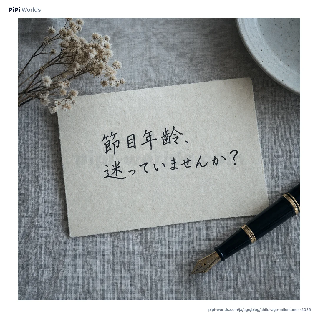 深い藍色とゴールドのグラデーション背景に PiPi マスコットと『お食い初め·七五三』が大きく配置された日本市場向けカード。