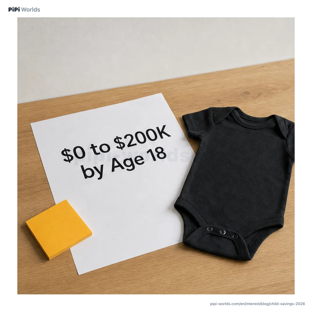 Mint-violet gradient backdrop with the PiPi mascot and 'Kids Savings: 529·Roth·UTMA' label, English market card.