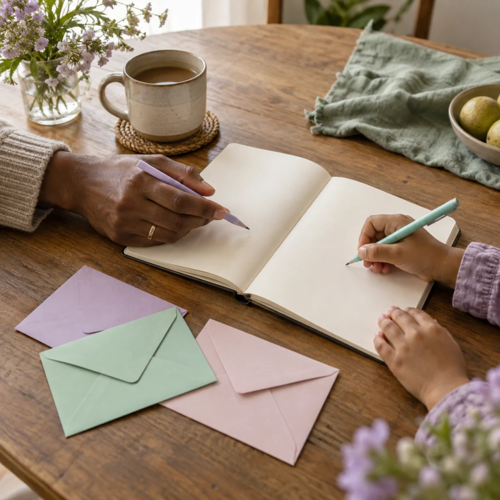 AI-generated editorial still life of a parent and child planning with a blank notebook and colored envelopes; not an account screen or return forecast.