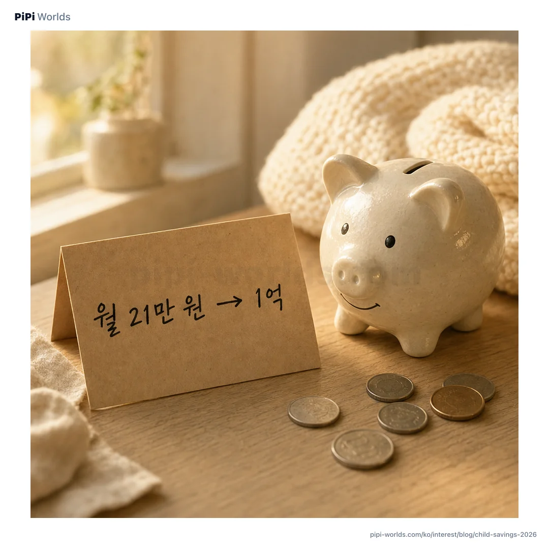 코랄·피치 그라디언트 배경 위에 PiPi 마스코트와 '자녀 통장 4종' 큰 글자가 놓인 한국 시장용 카드.