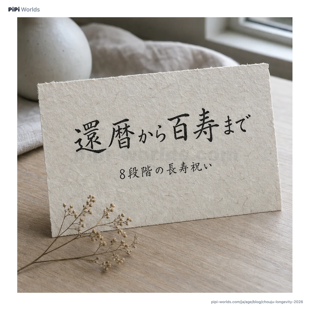 深い藍色とゴールドのグラデーション背景に PiPi マスコットと『還暦〜百寿』が大きく配置された日本市場向けカード。