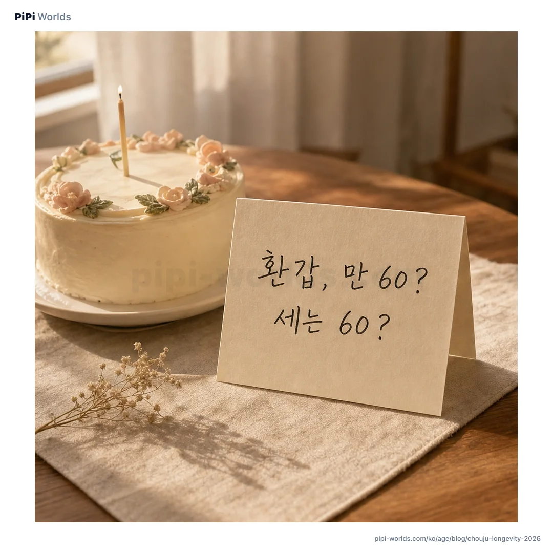 코랄·피치 그라디언트 배경 위에 PiPi 마스코트와 '환갑·고희·팔순·구순' 큰 글자가 놓인 한국 시장용 카드.
