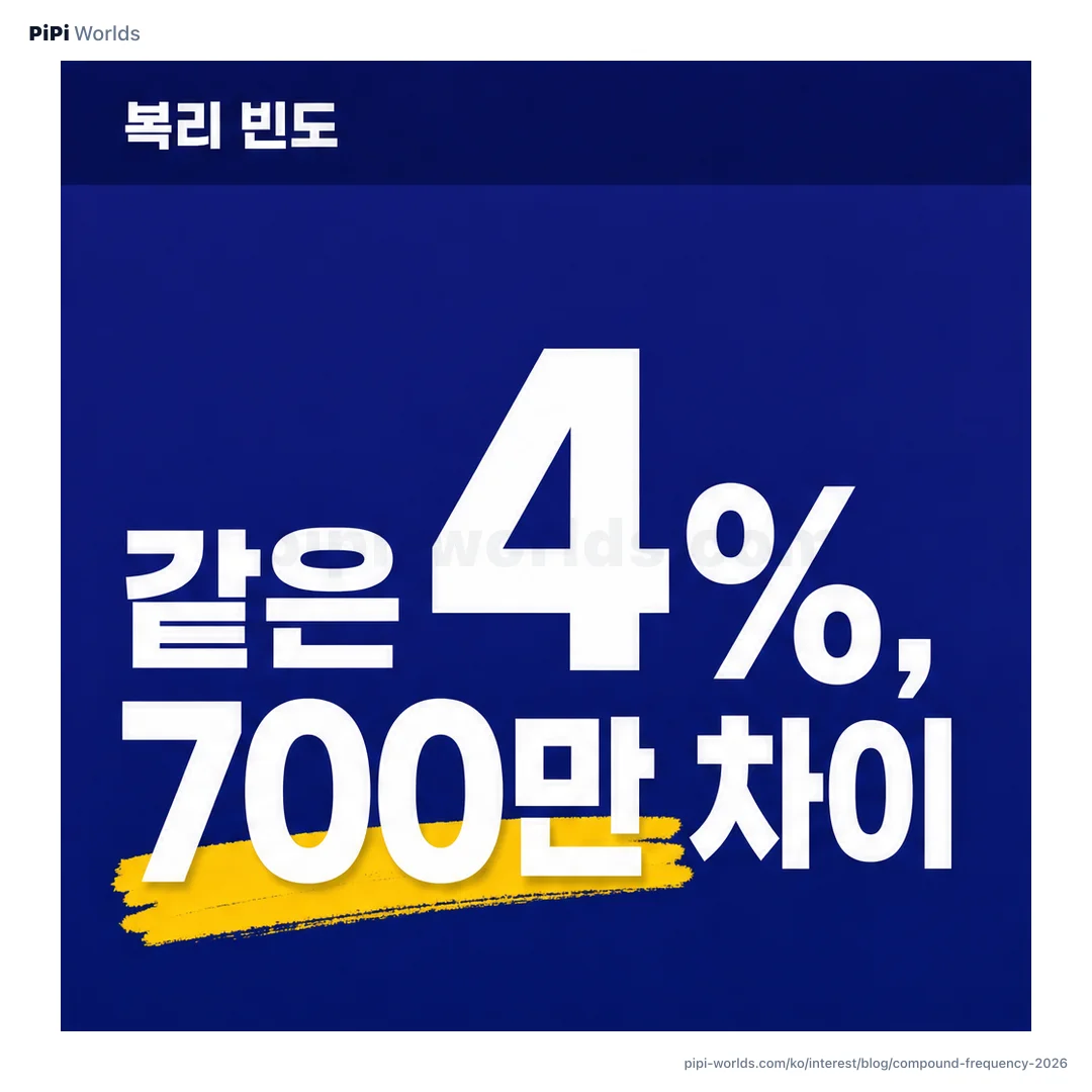 코랄·라임 그라디언트 위에 PiPi 마스코트와 연·월·일 복리 세 개의 곡선이 미세하게 갈라지는 한국 시장용 카드.