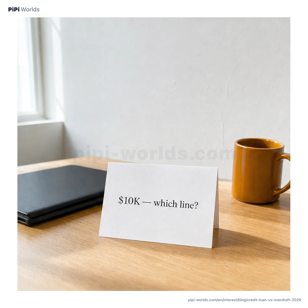 Slate-blue and amber gradient backdrop with PiPi mascot and 'Loan vs Line' label, English market card.