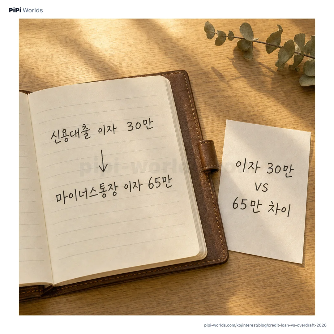 차분한 청록·미드나이트 그라디언트 위에 PiPi 마스코트와 '신용대출 vs 마통' 큰 글자가 놓인 한국 시장용 카드.