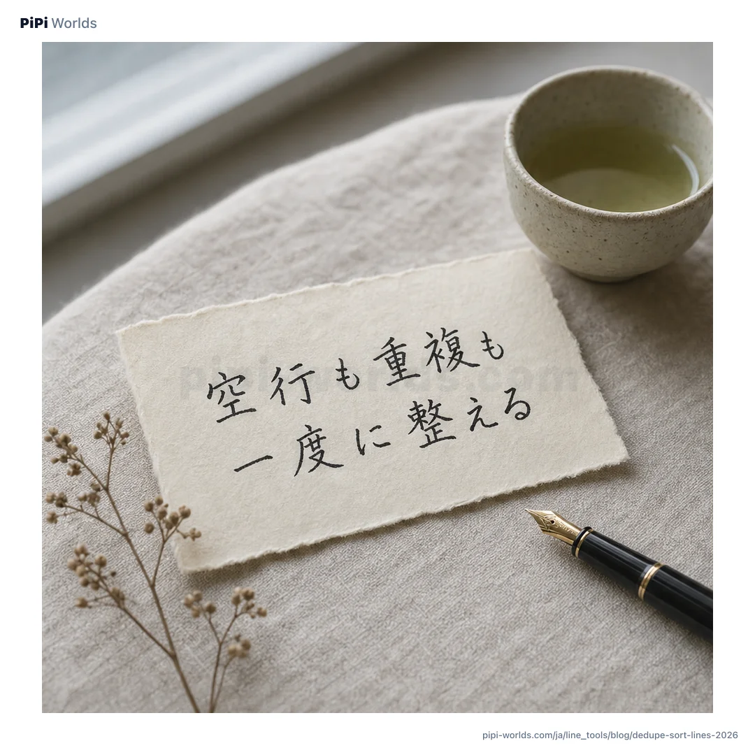 桃色の背景に『行の整理』の大きな文字と空行削除・重複削除・並べ替え・行数のカードが並ぶ開発者向けの表紙画像。