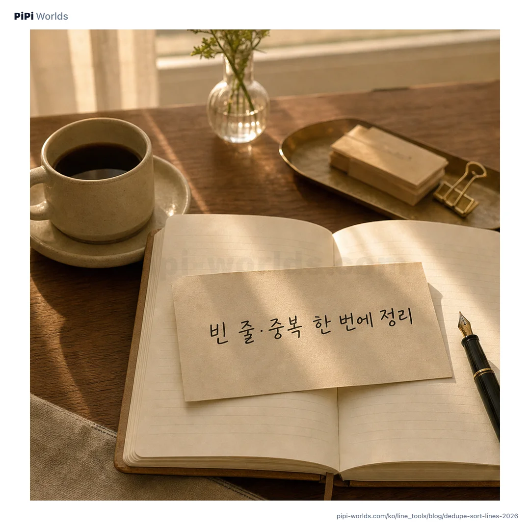 분홍빛 배경 위에 '줄 정리'라는 큰 글자와 빈 줄 제거·중복 제거·정렬·줄 수 카드가 놓인 개발자용 표지 이미지.