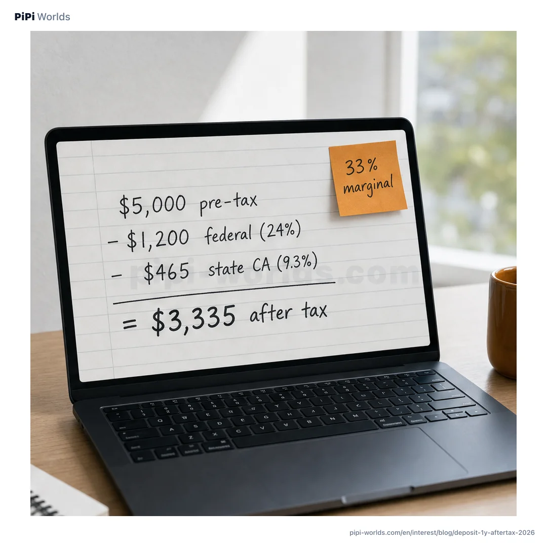 Illustrative calculation: $5,000 savings interest minus $1,200 assumed federal tax and $465 assumed California tax equals $3,335 after tax.