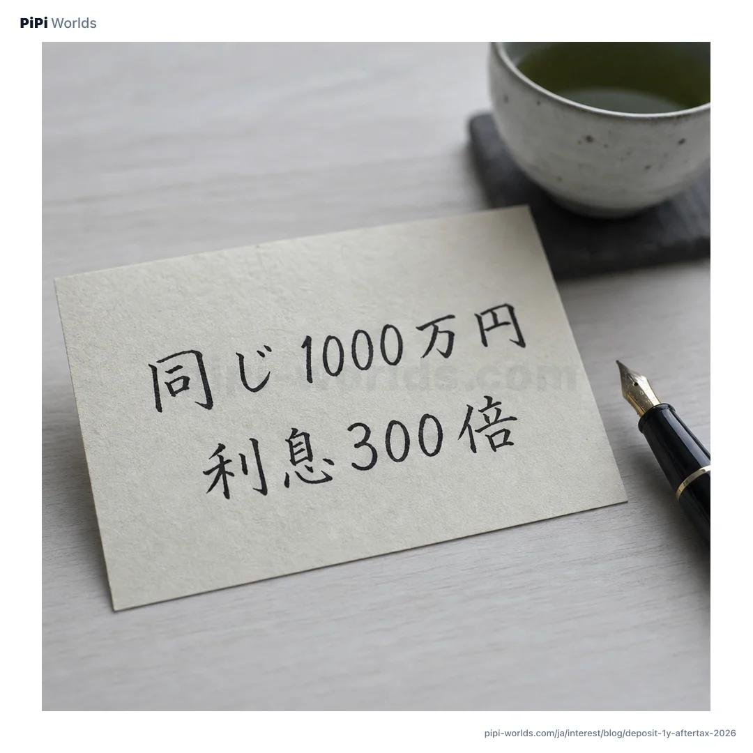 深い藍色とゴールドのグラデーション背景に PiPi マスコットと『1000万円 定期 税引後』が大きく配置された日本市場向けカード。