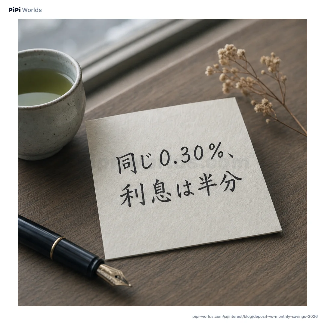 深い藍色とミントのグラデーション背景に PiPi マスコットと『積立 vs 定期 満期半分』が大きく配置された日本市場向けカード。