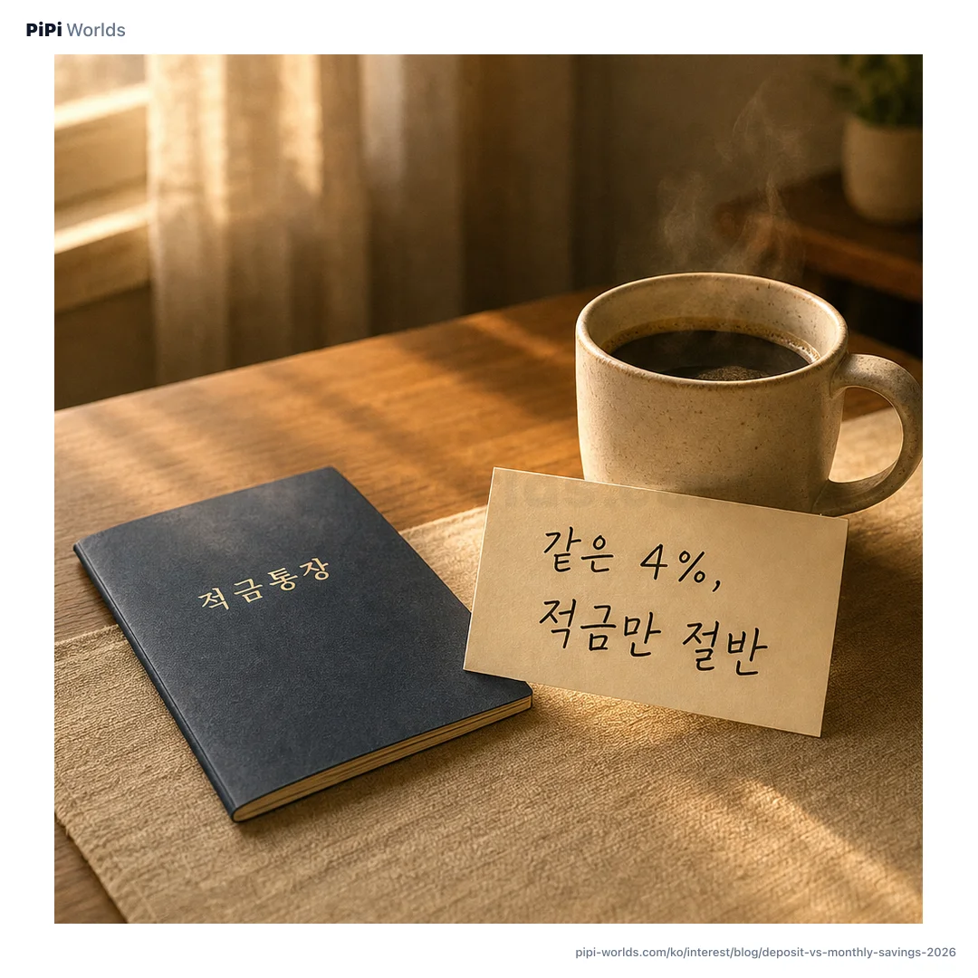 민트·라임 그라디언트 배경 위에 PiPi 마스코트와 '적금 vs 예금 만기 절반' 큰 숫자가 놓인 한국 시장용 카드.