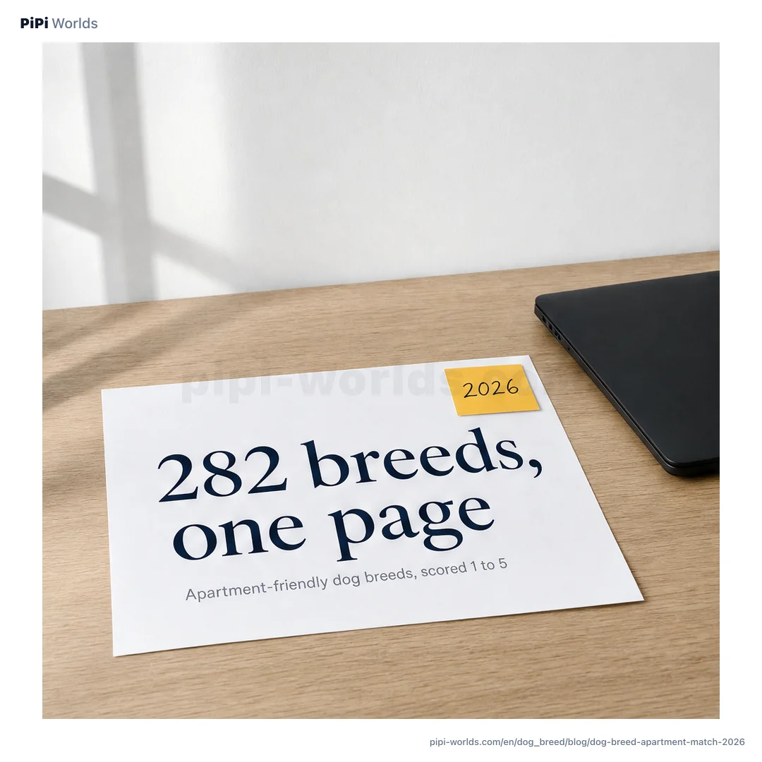 Warm beige and sage gradient with PiPi mascot and an 'Apartment Dog Matcher 282 breeds' headline for the US market.