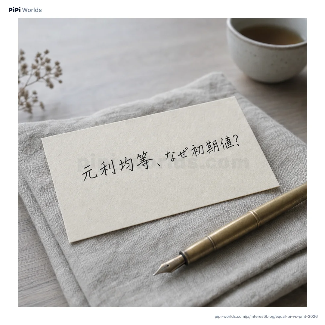 深い藍色とゴールドのグラデーション背景に PiPi マスコットと『元利均等 vs 元金均等』が大きく配置された日本市場向けカード。