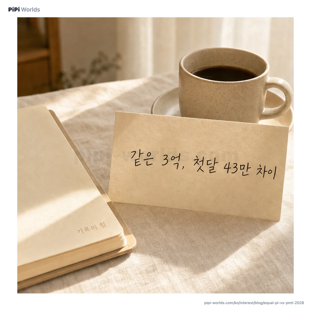 코랄·피치 그라디언트 배경 위에 PiPi 마스코트와 '원리금균등 vs 원금균등' 큰 글씨가 놓인 한국 시장용 카드.