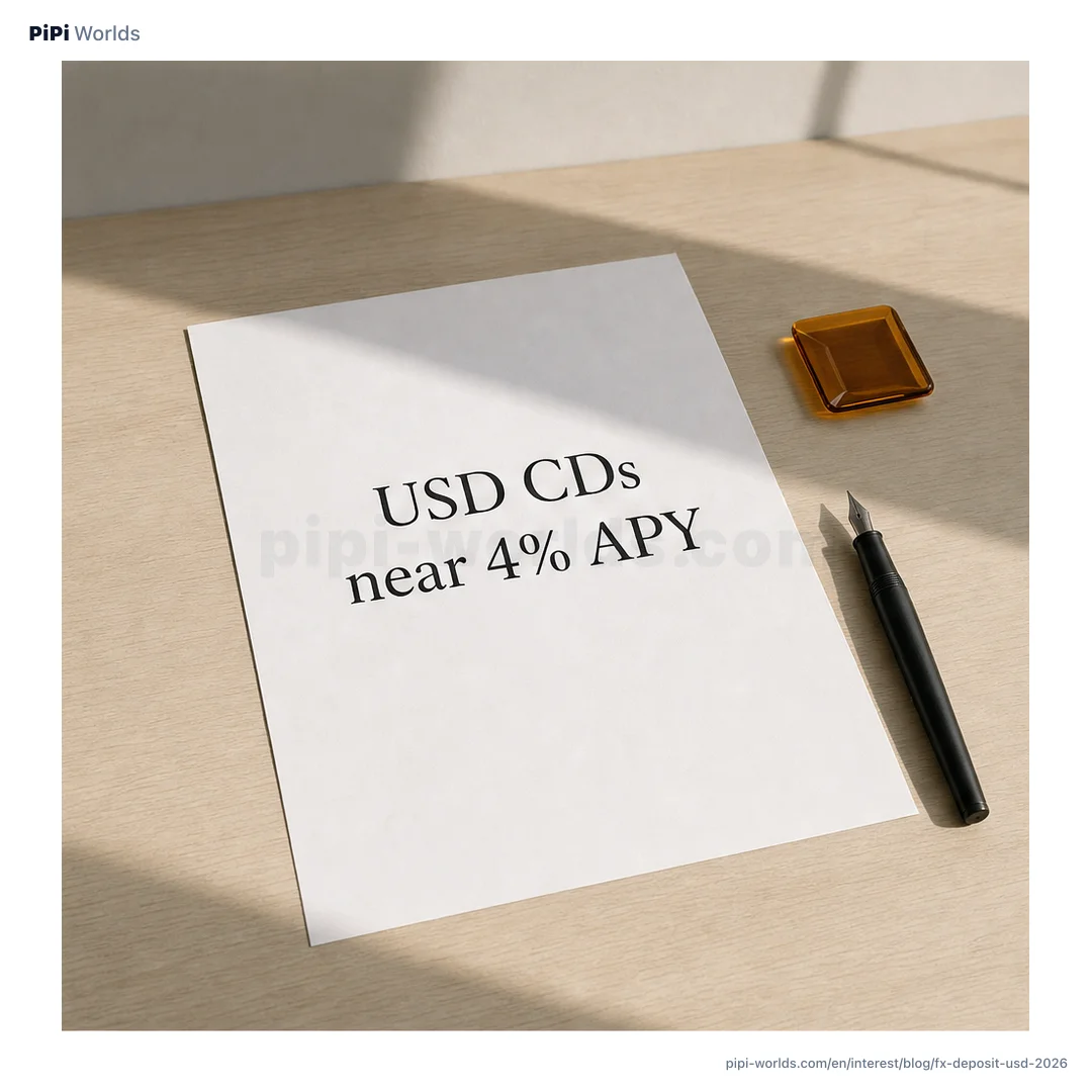 Mint and indigo gradient backdrop with the PiPi mascot and 'USD Deposit · 6M · FX Math' label, English market card.