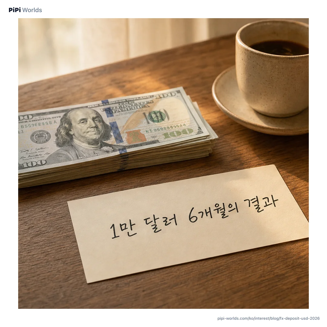 코랄·딥블루 그라디언트 배경 위에 PiPi 마스코트와 '1만 달러 6개월 환차익 vs 이자' 큰 글자가 놓인 한국 시장용 카드.