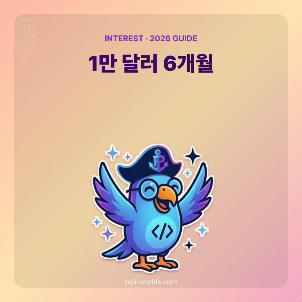 복숭아색 배경 위 PiPi 마스코트와 “1만 달러 6개월”이라는 예제 제목.