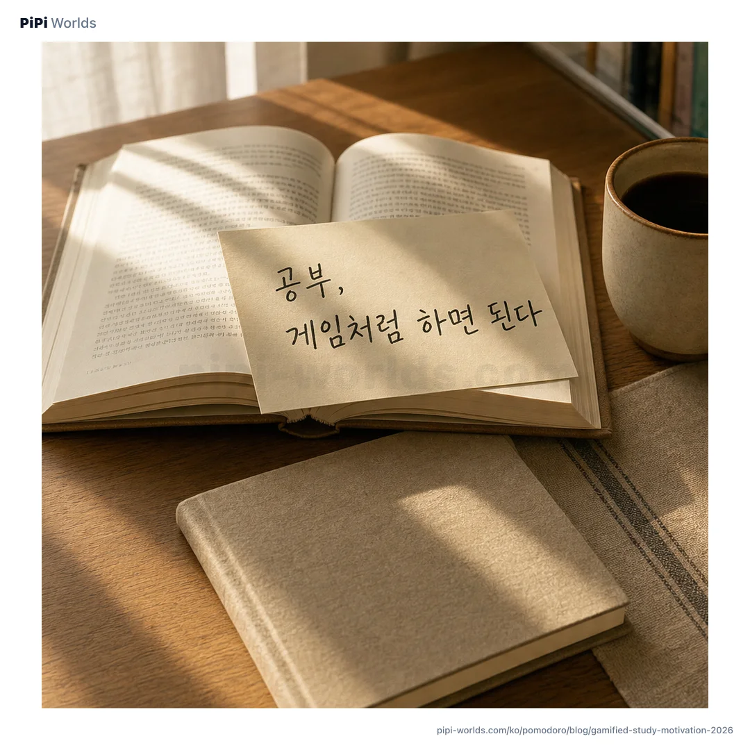 인디고빛 배경 위에 레벨 게이지, 연속 기록 불꽃 아이콘, 별 모양 보상이 놓인 게임처럼 공부하기 표지 이미지.