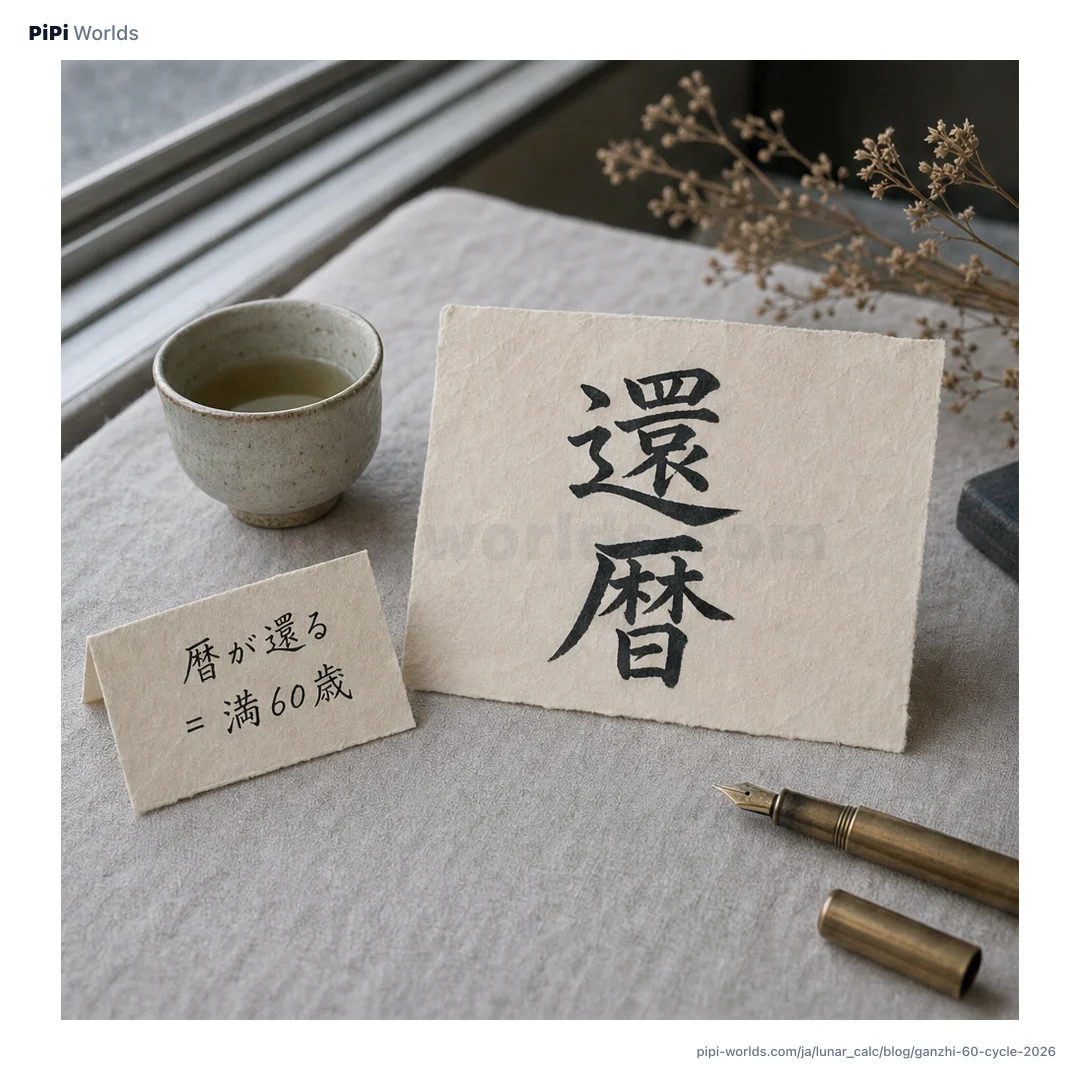 藍·青·金のグラデーションに十干と十二支が60の表として広がる干支カード。