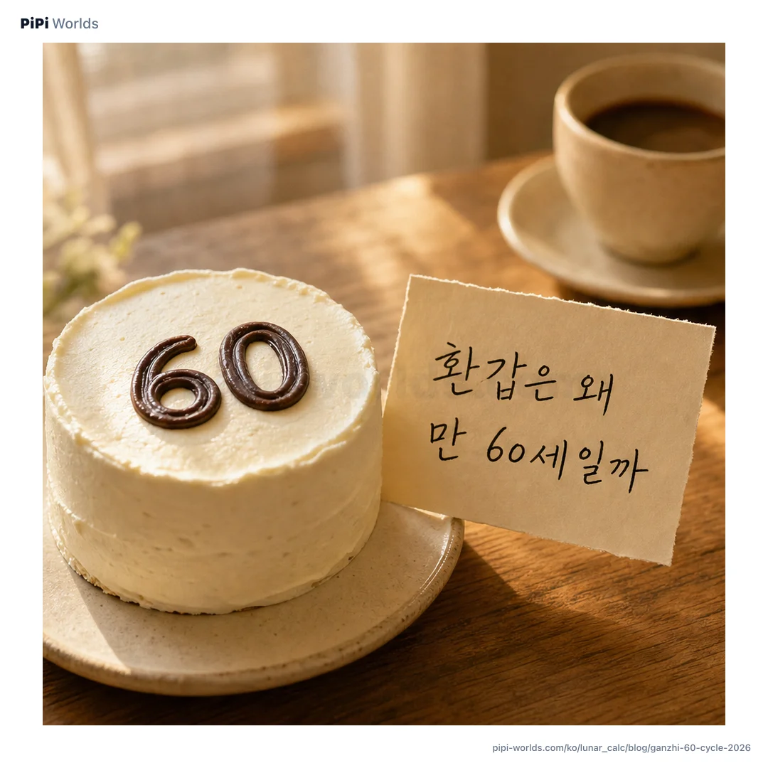 코랄·피치 그라디언트 위에 천간 10자와 지지 12자가 60갑자 표로 펼쳐진 카드.