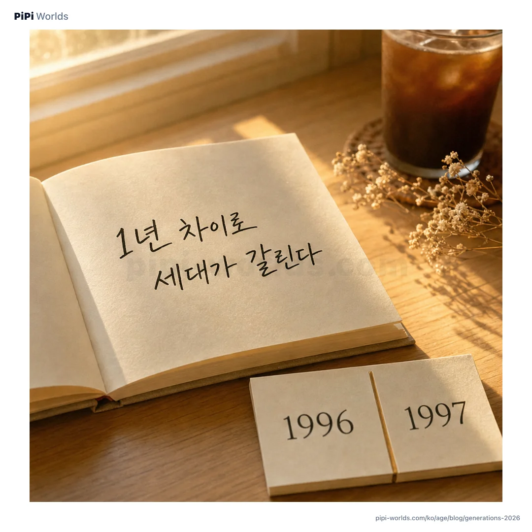 코랄·피치 그라디언트 배경 위에 PiPi 마스코트와 'Millennial vs Gen Z 1996/1997' 큰 숫자가 놓인 한국 시장용 카드.
