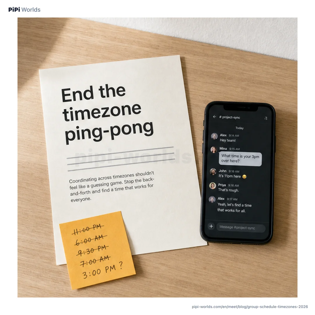 A cover on a violet background with the large words 'Group Scheduling' beside cards for timezone conversion, anonymous painting, and overlapping free time.