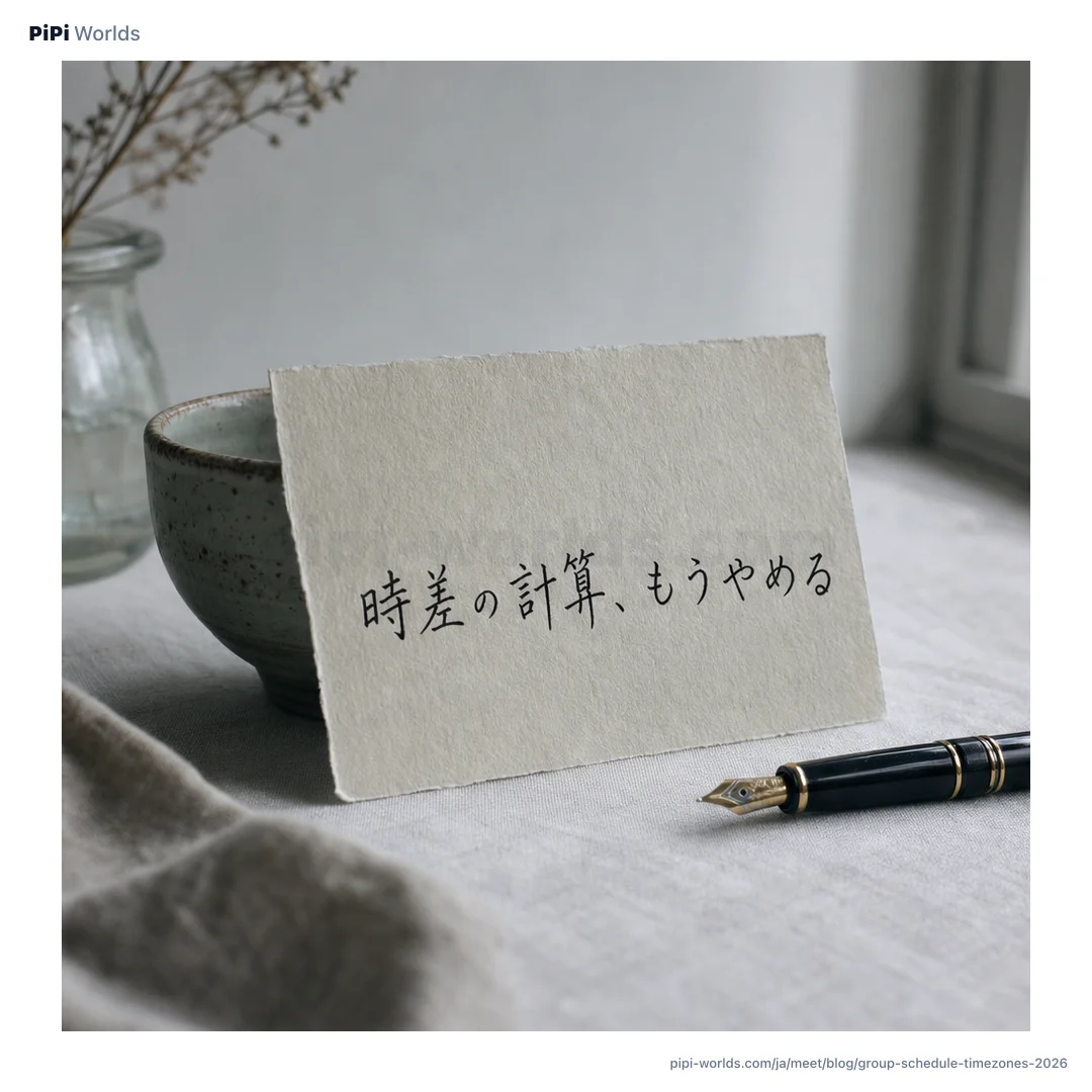 紫色の背景に『グループ日程調整』の大きな文字とタイムゾーン変換・匿名で塗る・重なる時間のカードが並ぶ表紙画像。