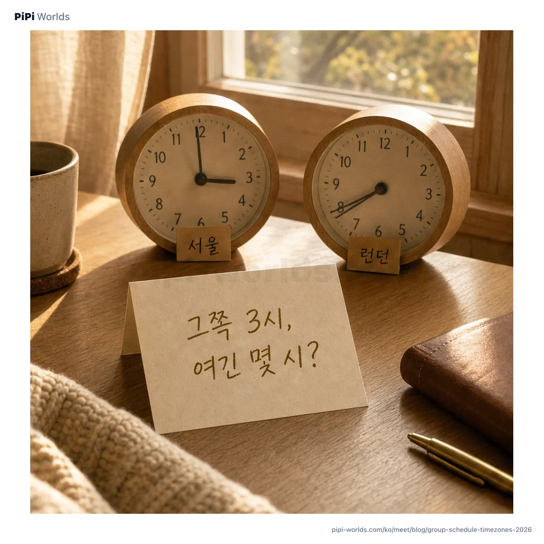 보랏빛 배경 위에 '그룹 일정 조율'이라는 큰 글자와 시간대 변환·익명 칠하기·겹치는 시간 카드가 놓인 표지 이미지.