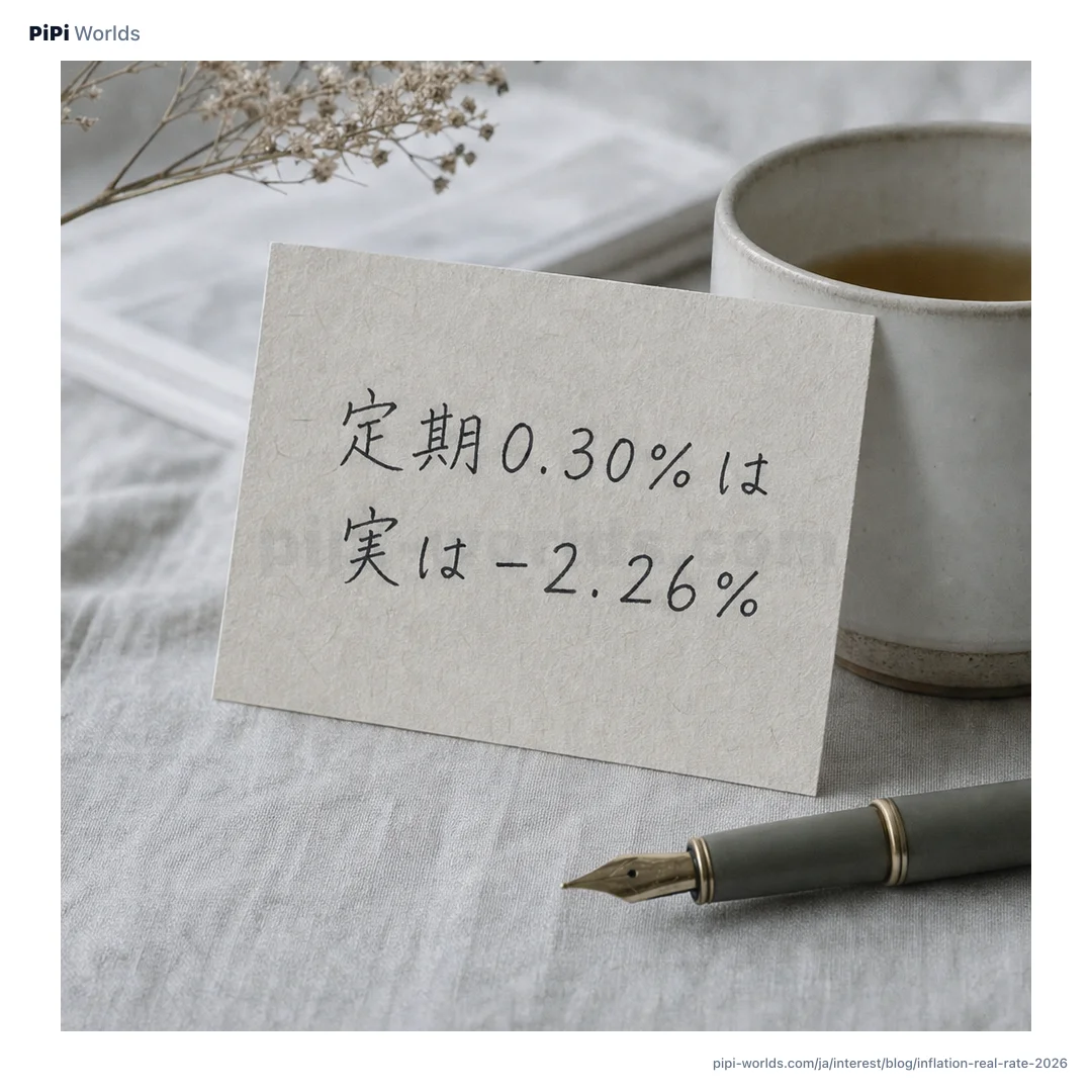 深い藍色とゴールドのグラデーション背景に PiPi マスコットと『名目0.30 - インフレ2.5 = 実質-2.26』が大きく配置された日本市場向けカード。