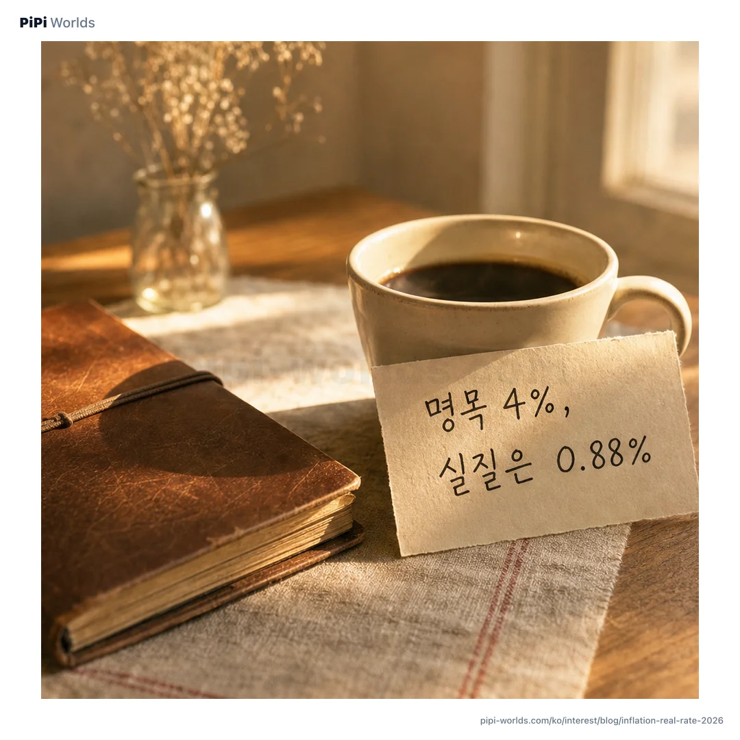 코랄·피치 그라디언트 배경 위에 PiPi 마스코트와 '명목 4% - 인플레 2.5% = 실질 0.88%' 큰 글자가 놓인 한국 시장용 카드.