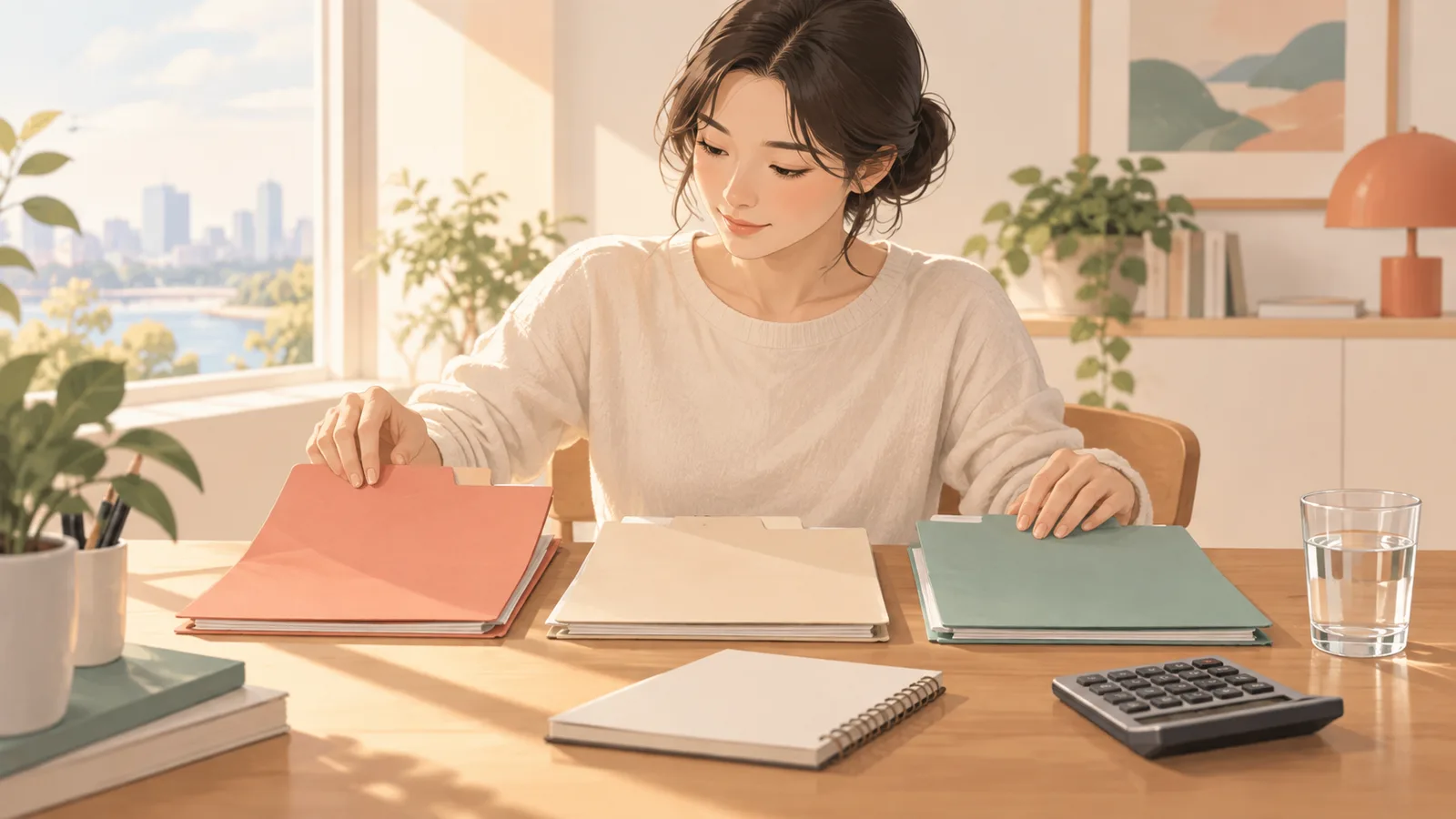 AI로 만든 설명용 이미지. 한 사람이 책상 위의 색이 다른 세 폴더를 정리하는 모습이며, 실제 금융상품이나 수익을 나타내지 않습니다.
