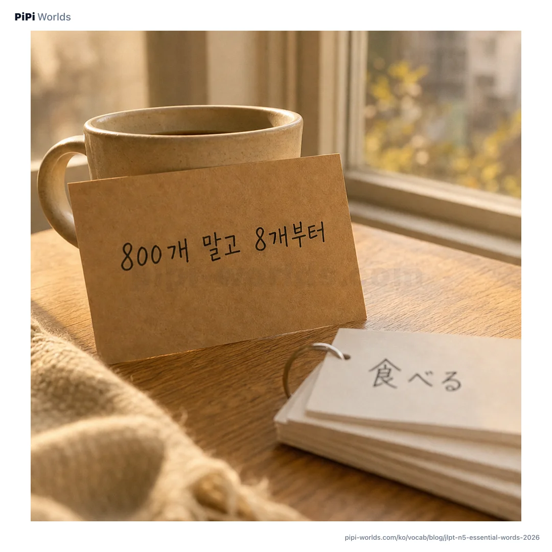 민트빛 배경 위에 'N5 단어 목록'이라는 큰 글자와 食べる·飲む·大きい 같은 일본어 단어 카드가 품사별로 묶여 놓인 일본어 기초 단어 정리 표지 이미지.