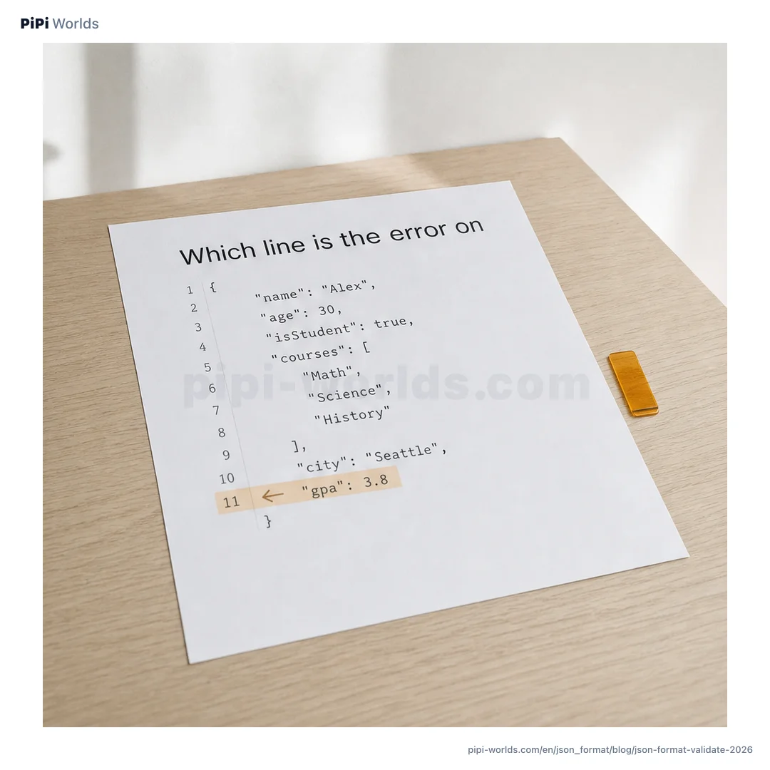 A developer-style cover on an indigo background with the large words 'Format JSON' beside cards for sort keys, minify, validate, and error location.
