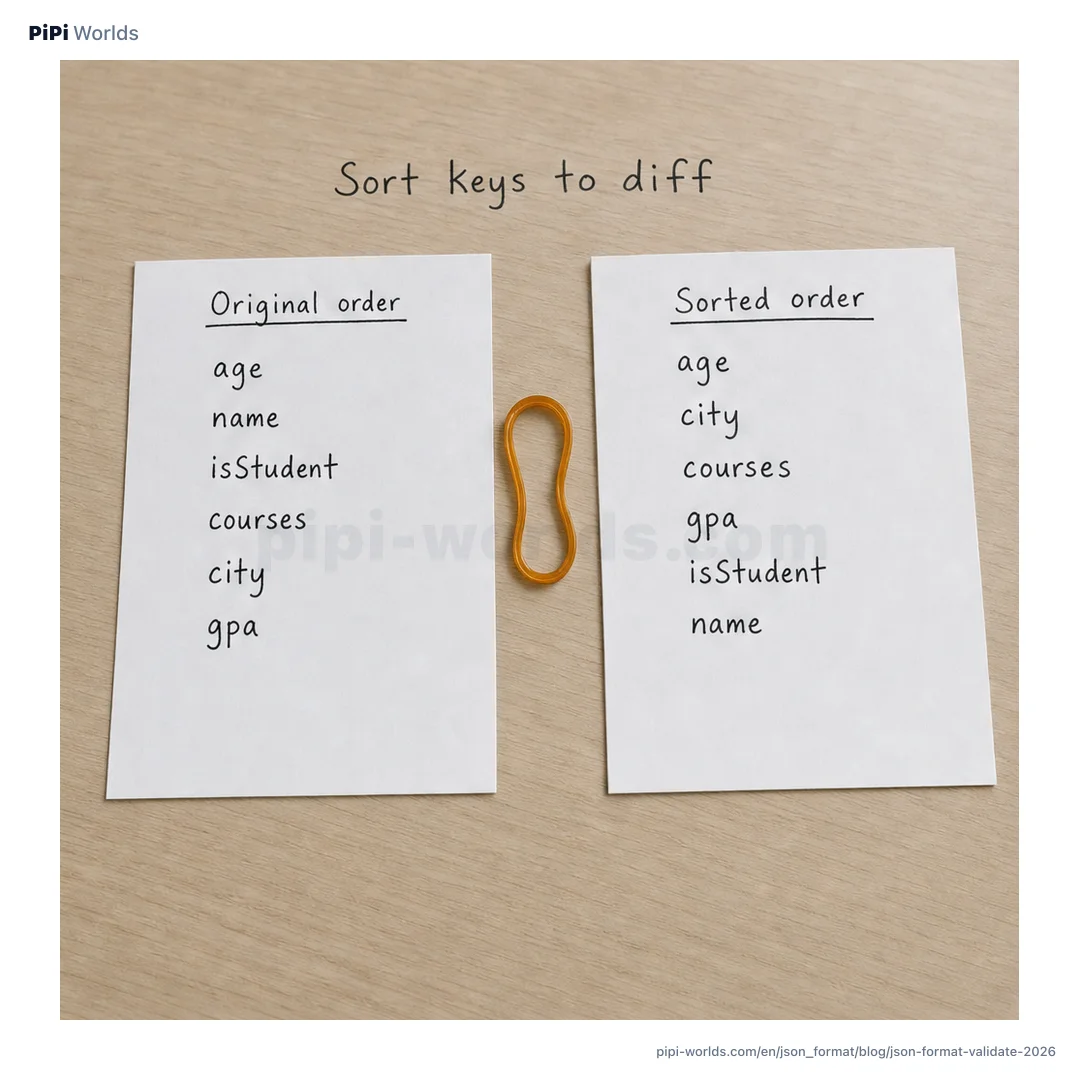 AI-generated editorial image of two paper lists with object keys before and after sorting; not a screenshot of the PiPi tool.
