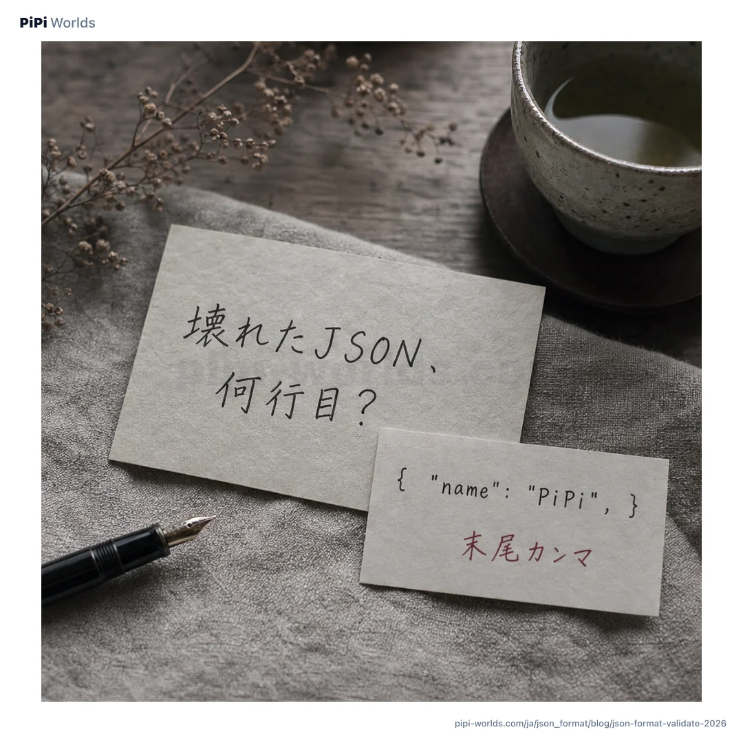 藍色の背景に『JSON 整形』の大きな文字と整形・キー整列・圧縮・エラー位置のカードが並ぶ開発者向けの表紙画像。