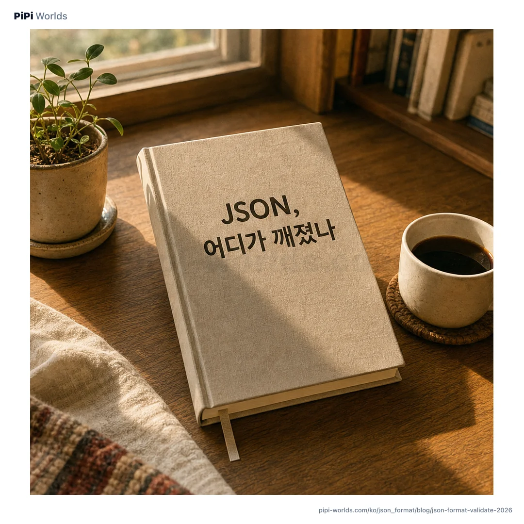 남보랏빛 배경 위에 'JSON 포맷'이라는 큰 글자와 정렬·키정렬·압축·오류 위치 카드가 놓인 개발자용 표지 이미지.