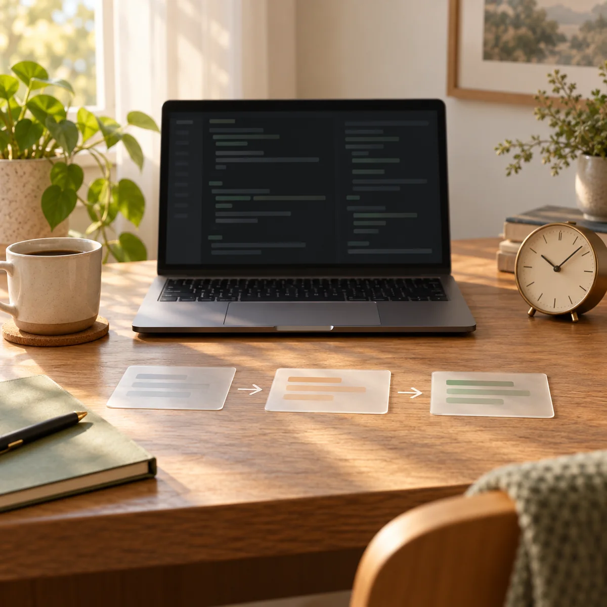 A warm desk scene with a laptop showing abstract code, three blank cards in sequence, and a clock.