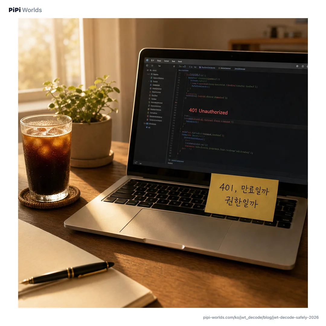 초록빛 배경 위에 'JWT 디코드'라는 큰 글자와 header·payload·signature 세 조각, 만료 배지가 놓인 개발자용 표지 이미지.